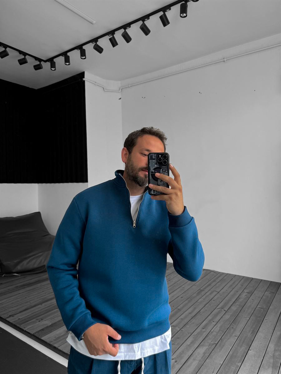 Navy-Blue Half Zipper Basic Sweatshirt