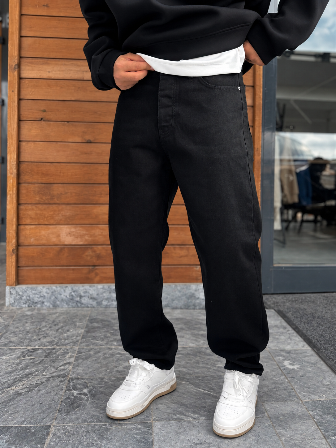 Jet Black Relaxed Fit Denim Jeans by BROEK, full front view