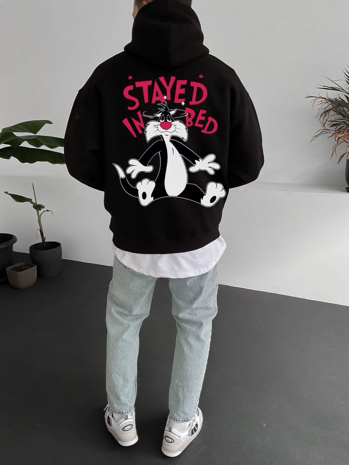 Black "stayed-in-bed" Printed Oversize Hoodie