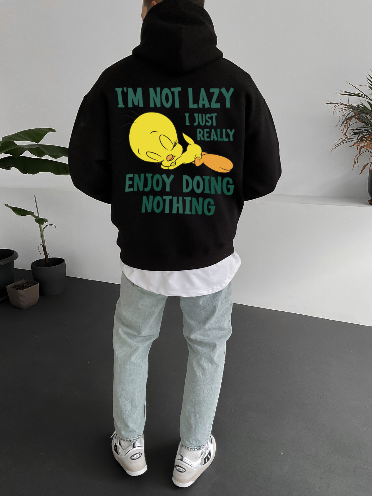 Black "i'm-not-lazy" Printed Oversize Hoodie