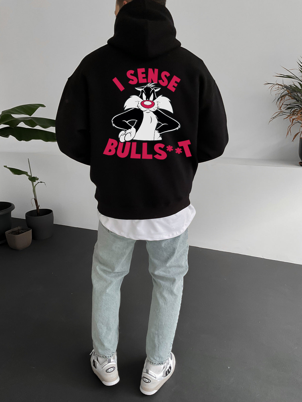 Black "i-sense-bullshit" Printed Oversize Hoodie