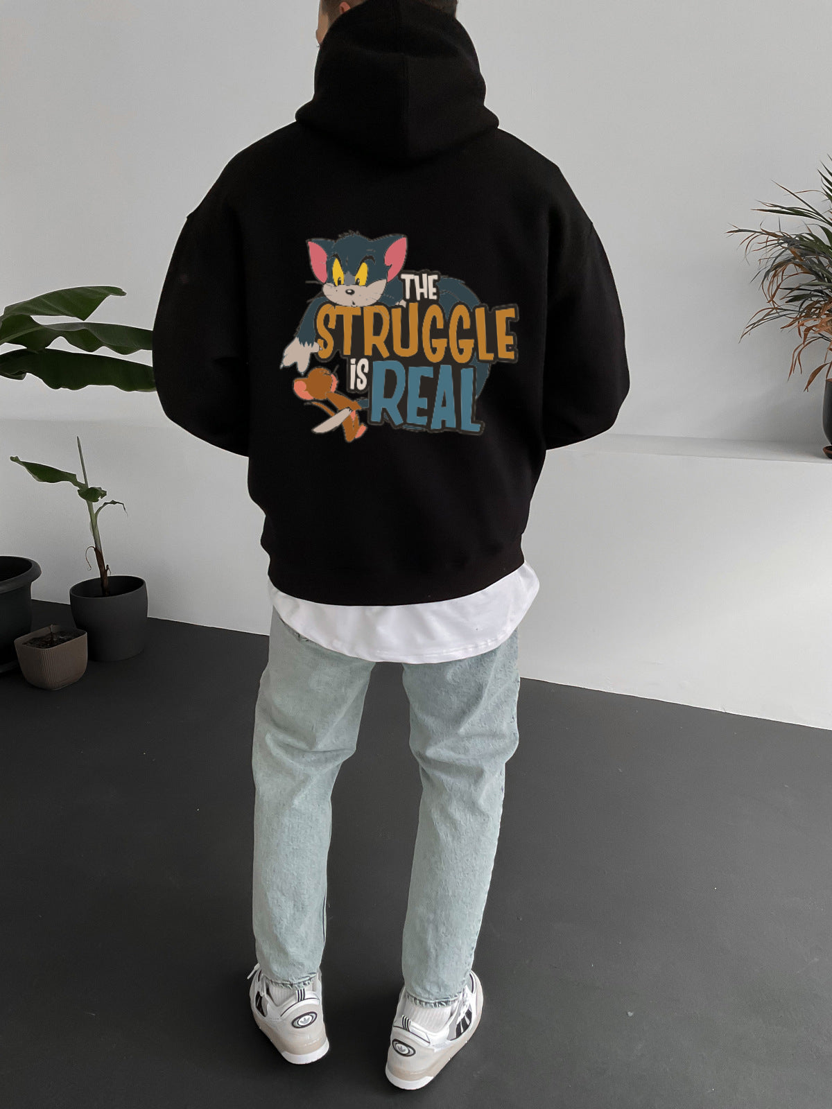 Black "struggle-is-real" Printed Oversize Hoodie