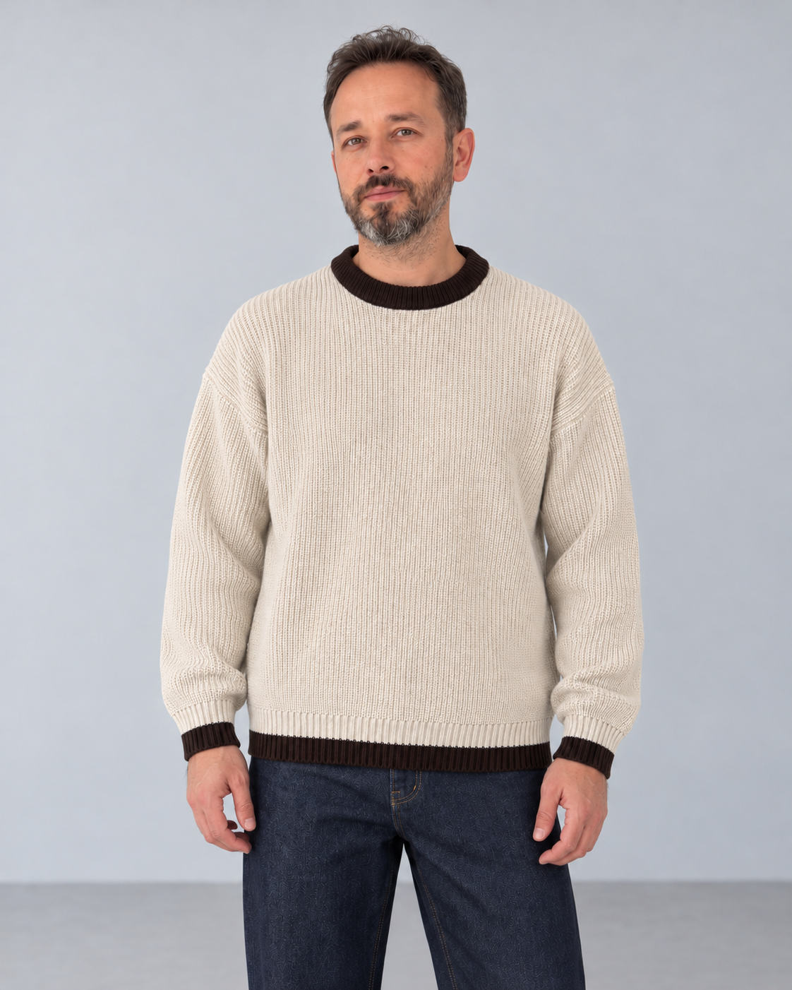 BROEK beige contrast-trim knit sweater — male three quarter front