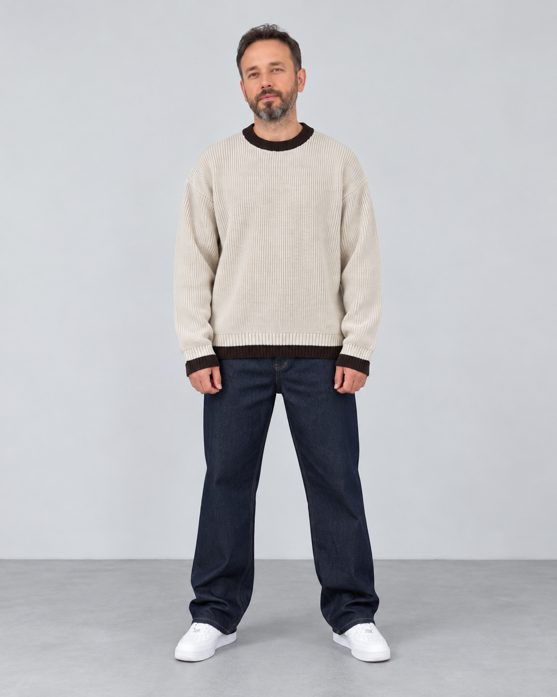 BROEK beige contrast-trim knit sweater — male full front