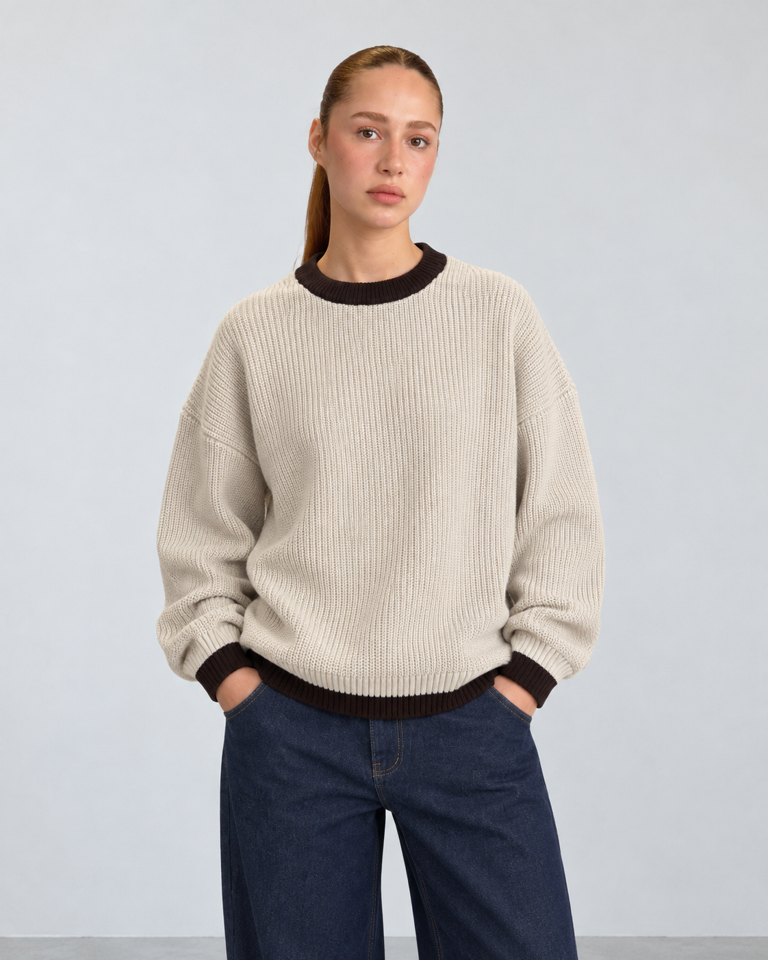 BROEK beige contrast-trim knit sweater — female close front