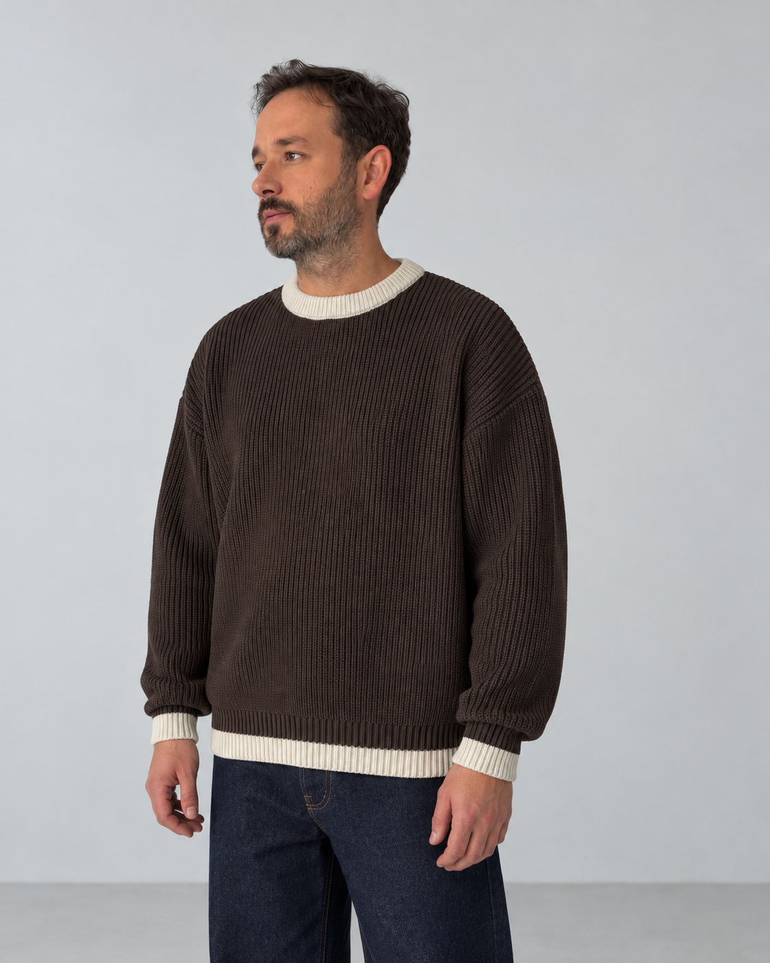 BROEK brown contrast-trim knit sweater - male close front