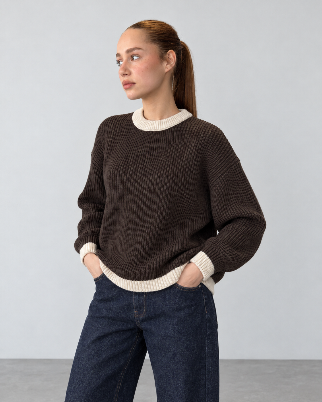 BROEK brown contrast-trim knit sweater - female close front