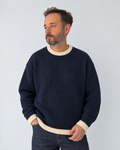 BROEK navy contrast-trim knit sweater — male close front