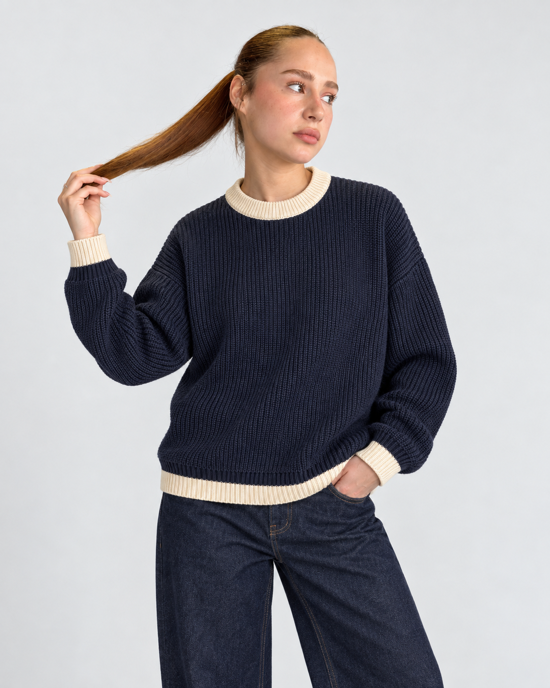 BROEK navy contrast-trim knit sweater — female close front