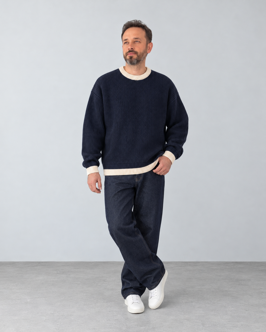 BROEK navy contrast-trim knit sweater — male full front