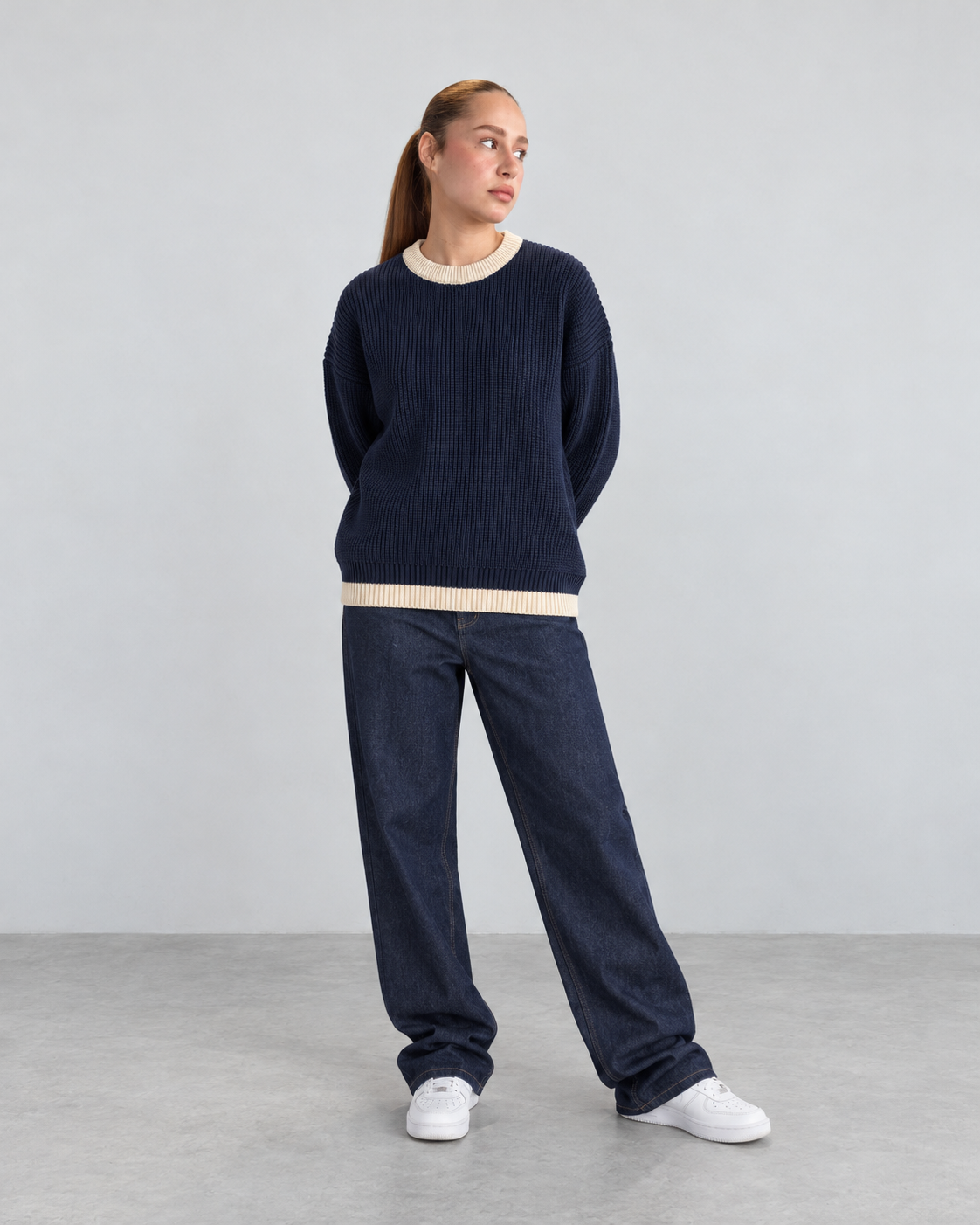 BROEK navy contrast-trim knit sweater — female full front