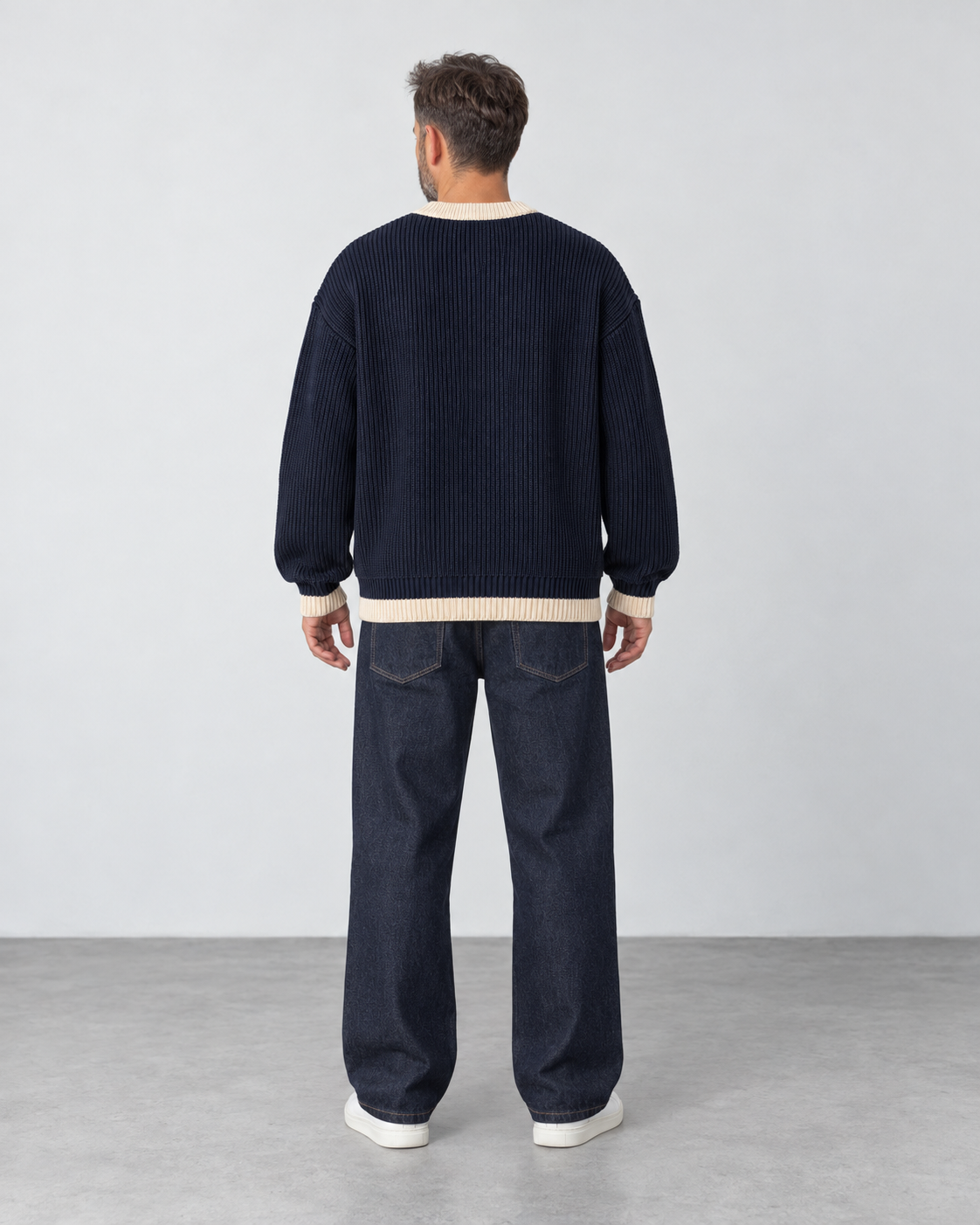 BROEK navy contrast-trim knit sweater — male back