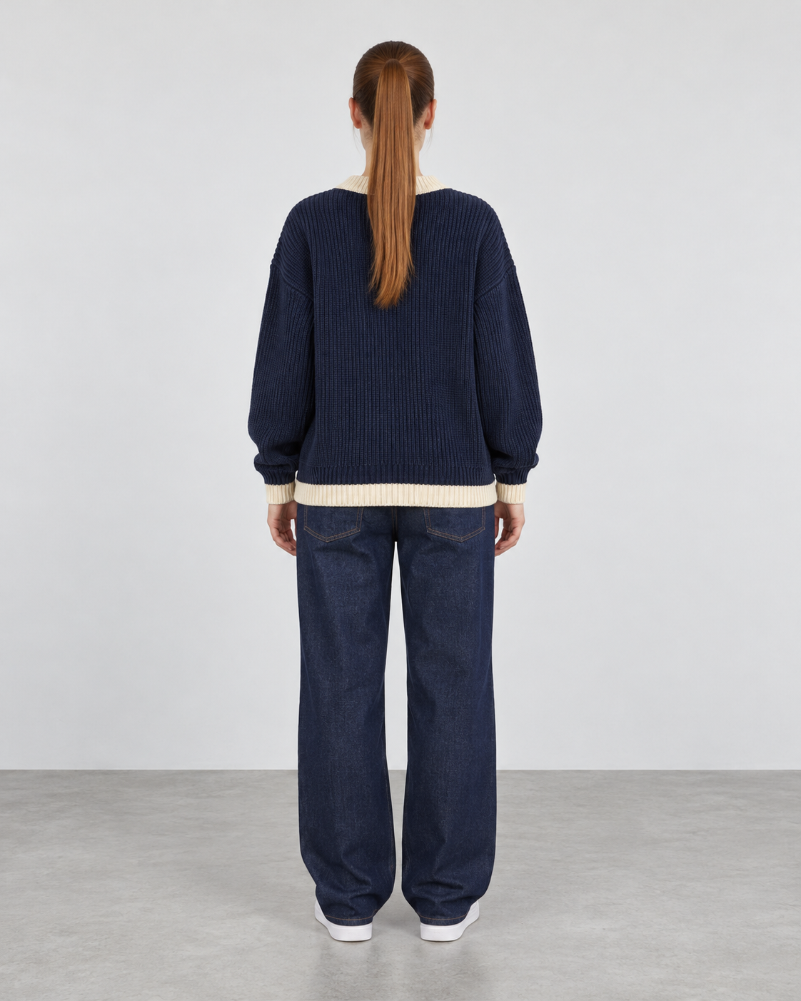 BROEK navy contrast-trim knit sweater — female back