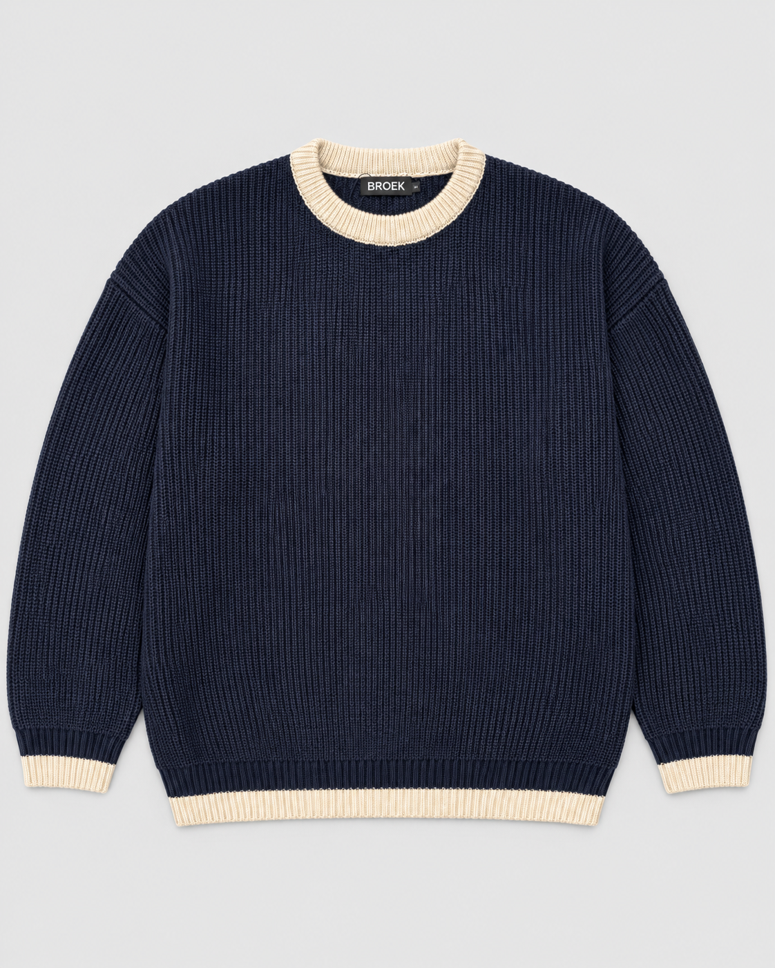 BROEK navy contrast-trim knit sweater — flat front