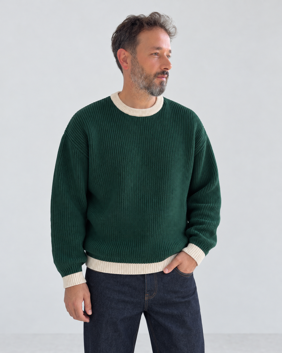 BROEK Contrast Trim Knit Sweater - Dark Green - Male model close view