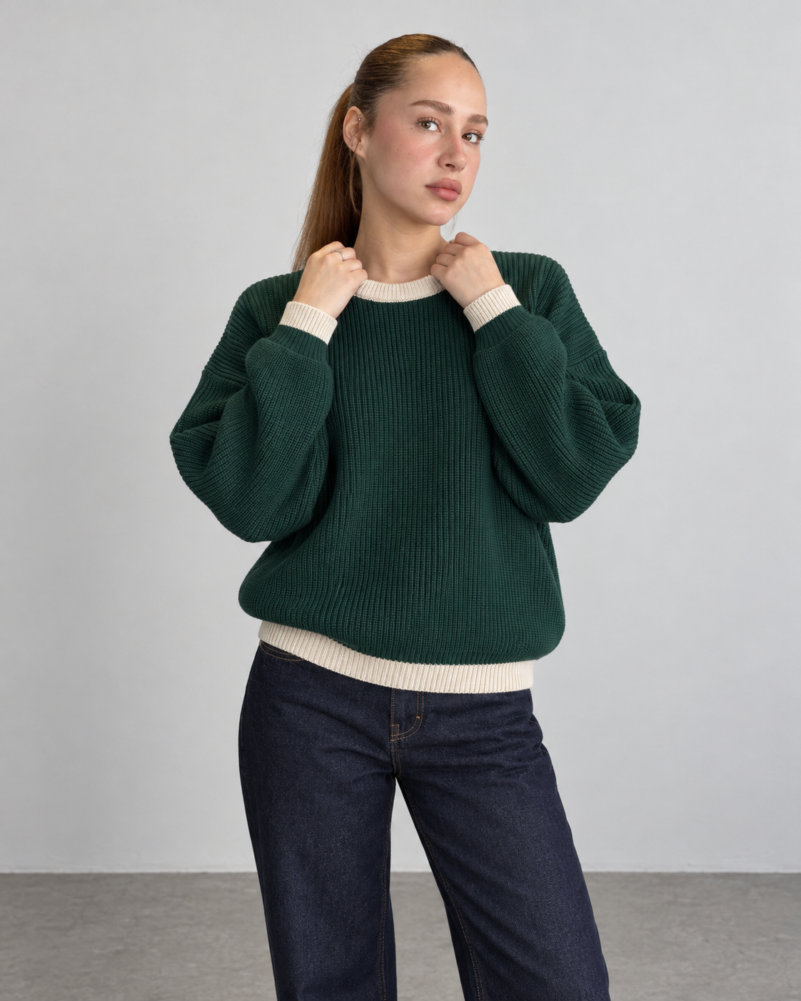 BROEK Contrast Trim Knit Sweater - Dark Green - Female model close view