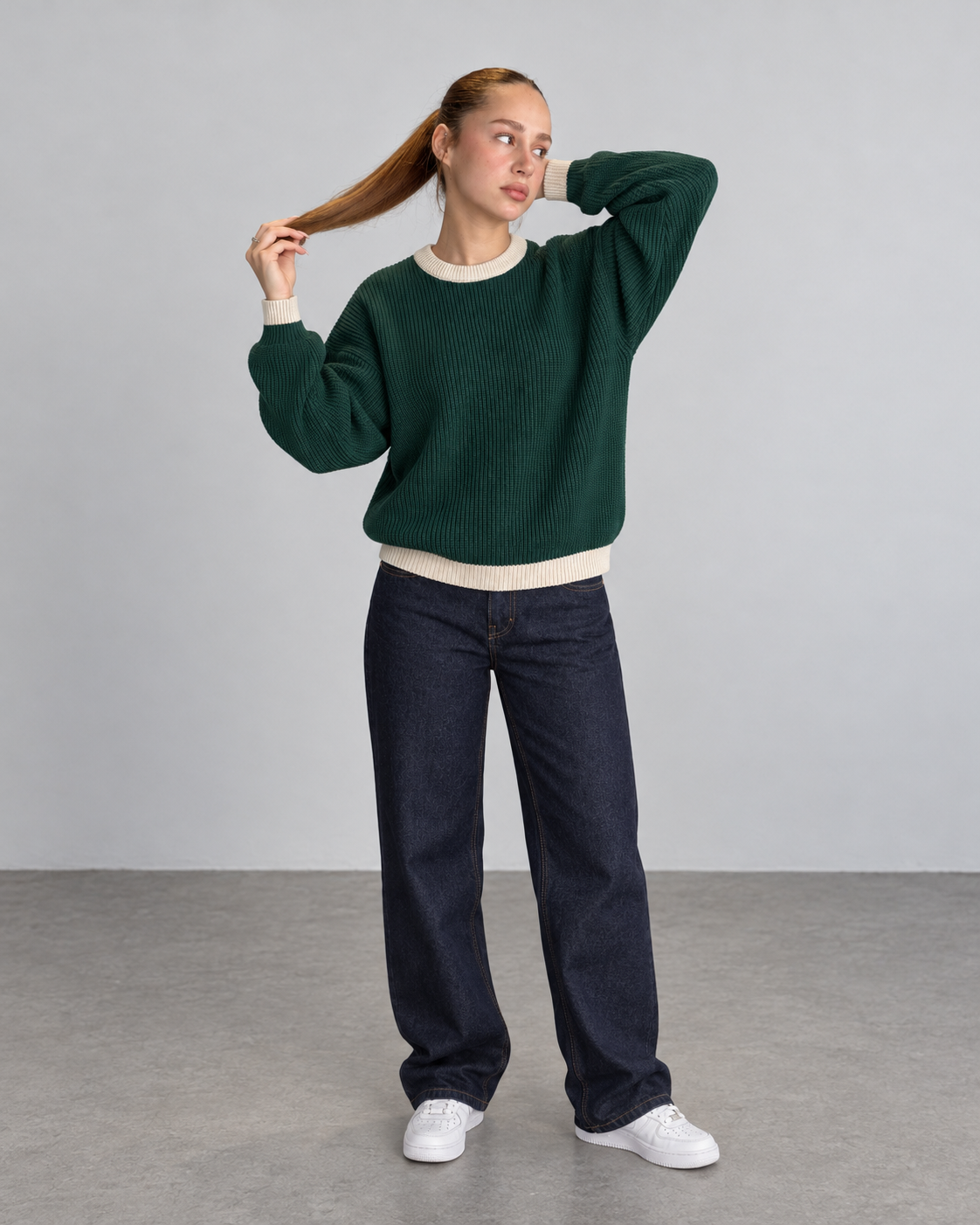 BROEK Contrast Trim Knit Sweater - Dark Green - Female model full front view