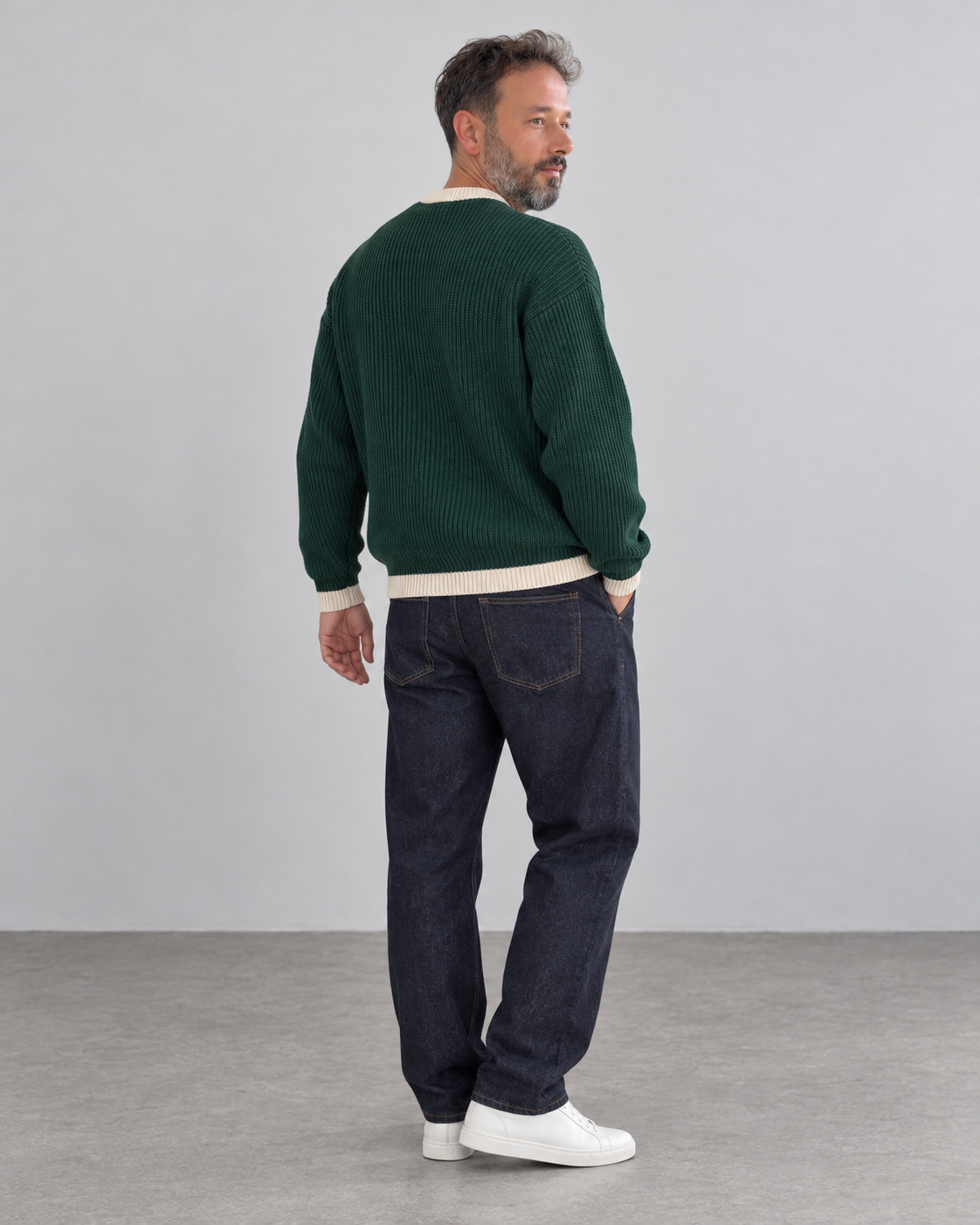 BROEK Contrast Trim Knit Sweater - Dark Green - Male model back view