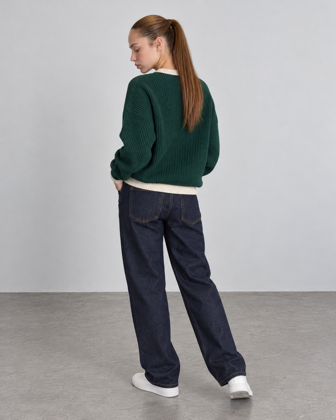 BROEK Contrast Trim Knit Sweater - Dark Green - Female model back view