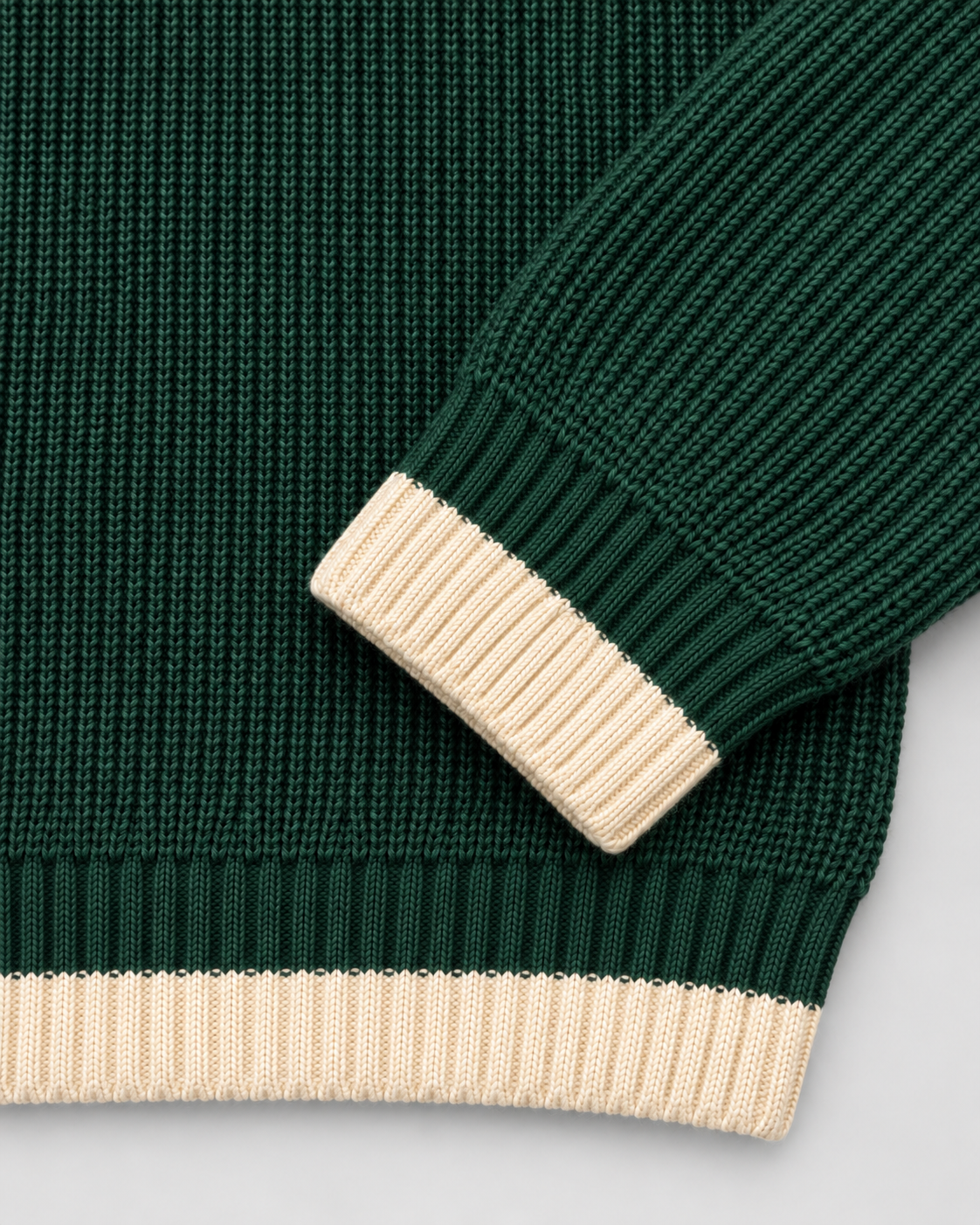 BROEK Contrast Trim Knit Sweater - Dark Green - Cuff and hem detail