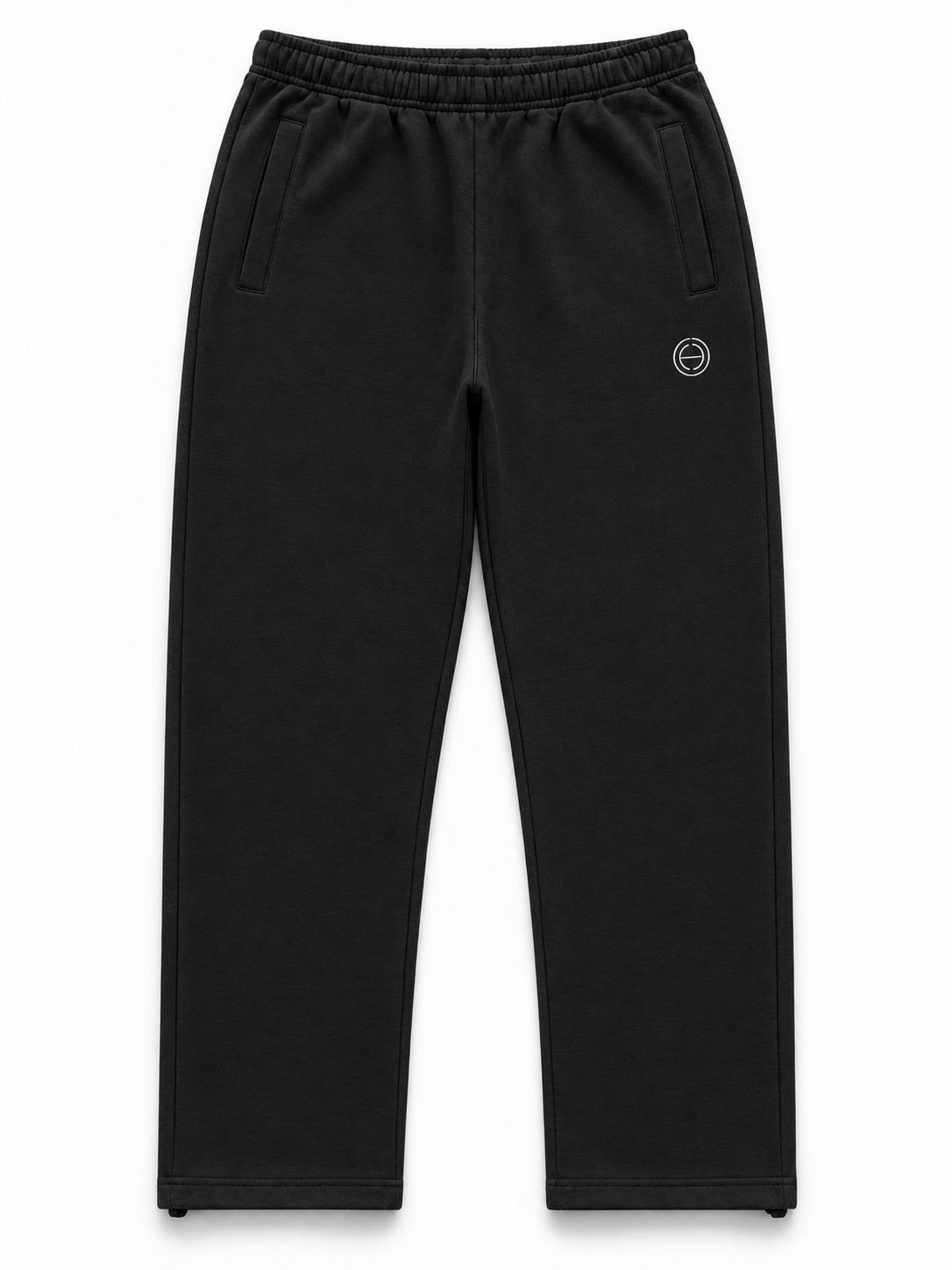 BROEK black embroidered patch sweatpants, front view