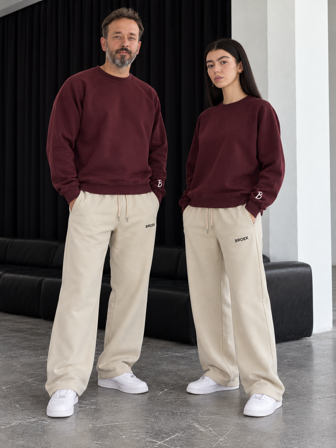 Boxy Sweatsuit – Burgundy / Beige — full outfit on male and female models.