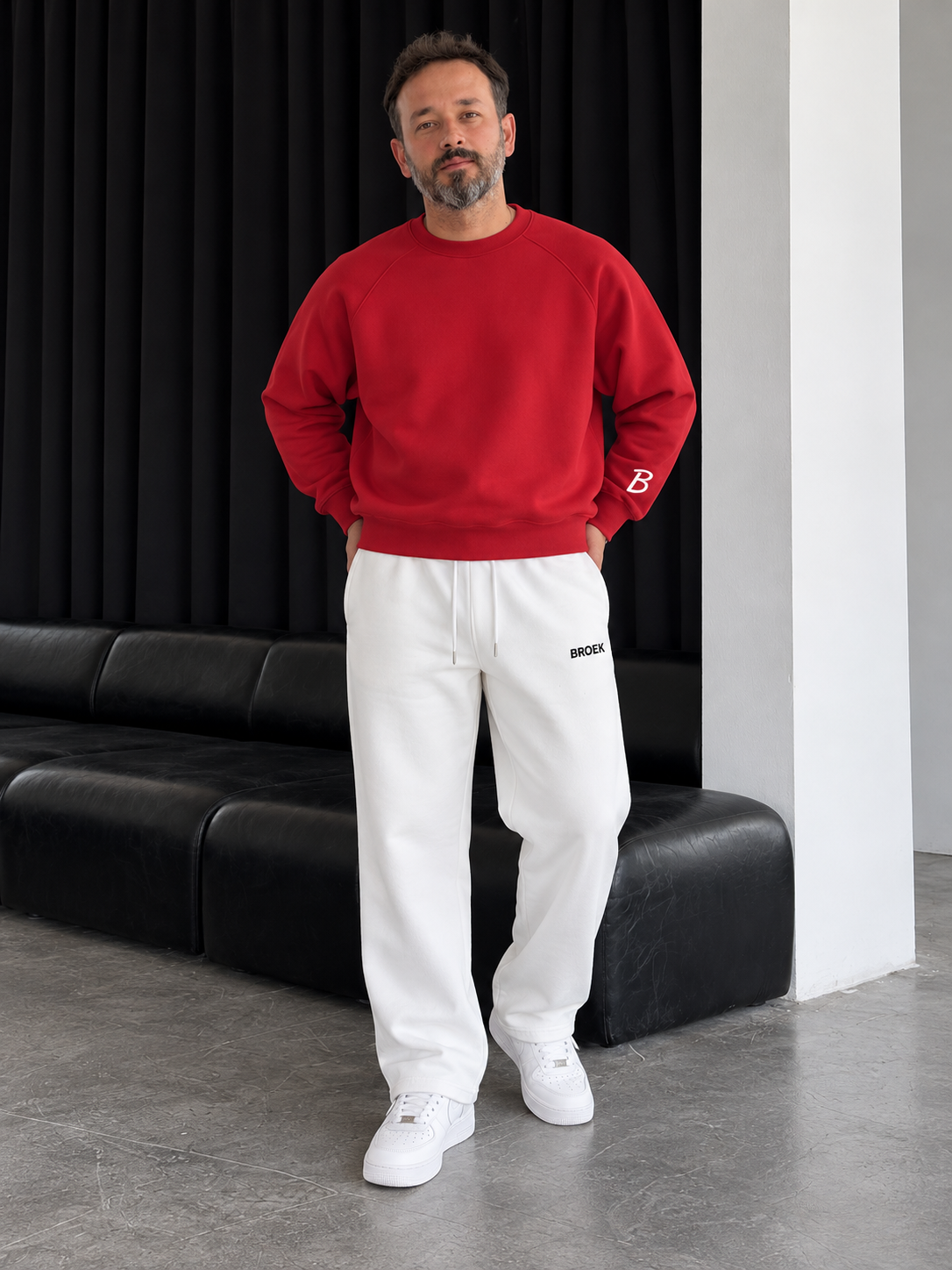 Boxy Sweatsuit – Red / Off-White — full outfit, front view on male model.