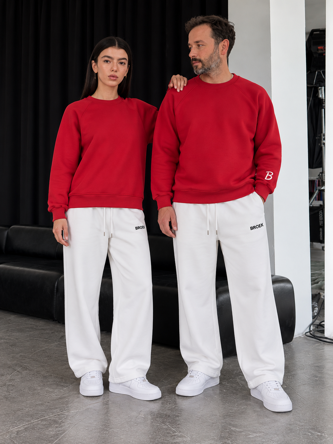 Boxy Sweatsuit – Red / Off-White — full outfit on male and female models.