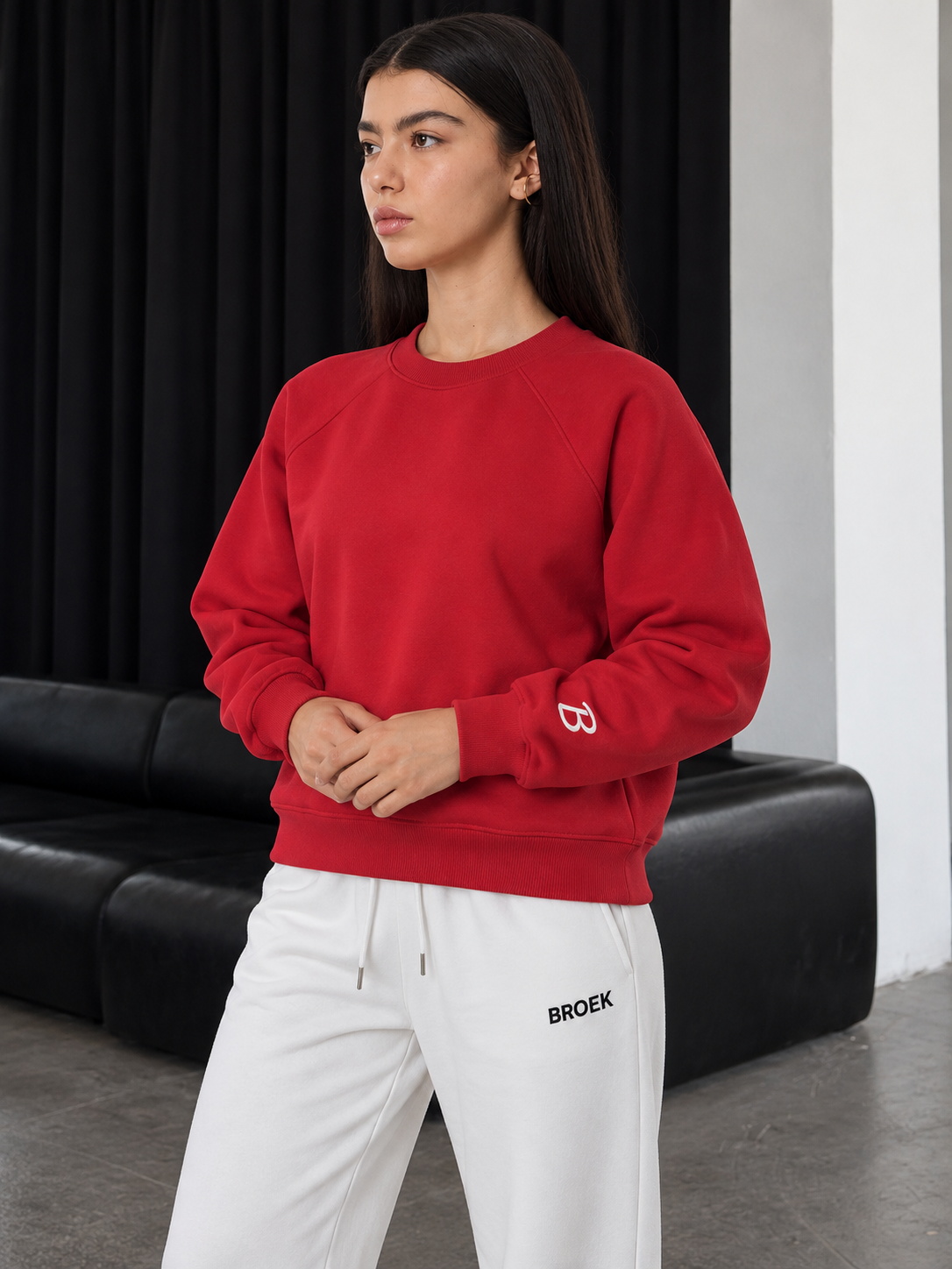 Boxy Sweatsuit – Red / Off-White — crewneck three-quarter view.