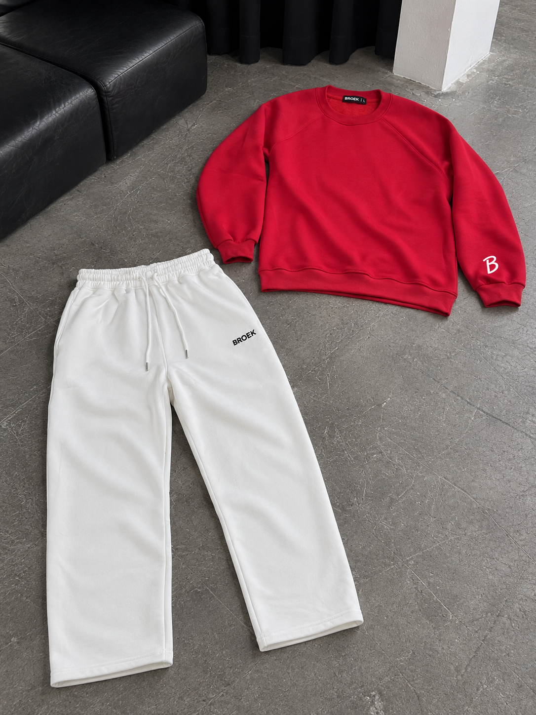 Boxy Sweatsuit – Red / Off-White — complete outfit flat lay.