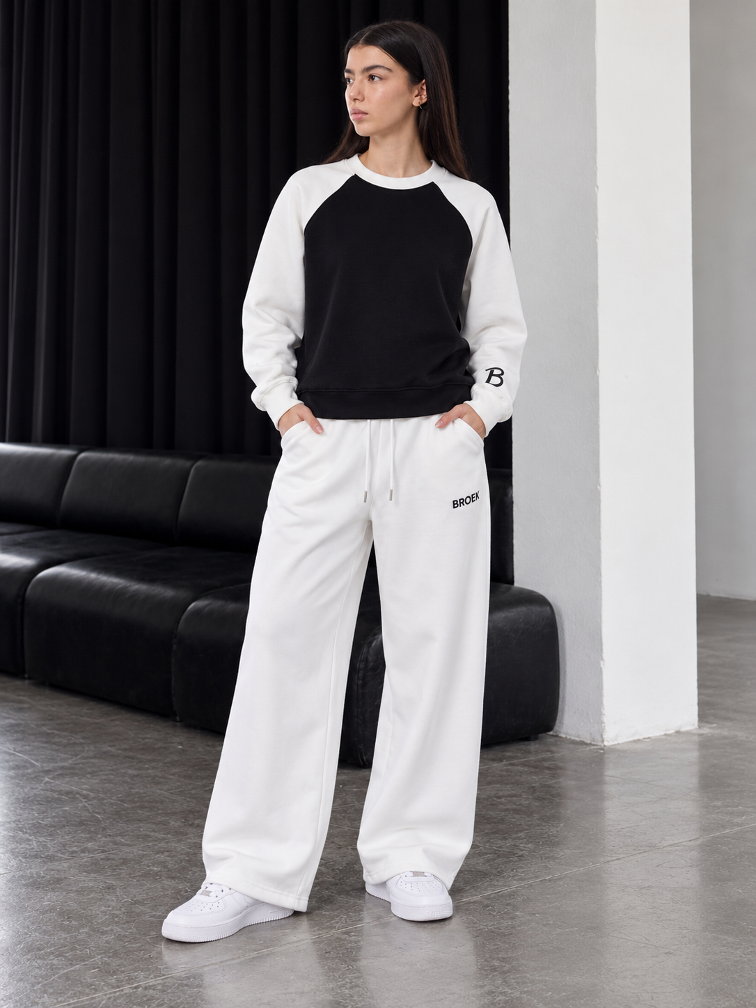 Two-Tone Boxy Sweatsuit – Black & White / Off-White — full outfit, front view on female model.