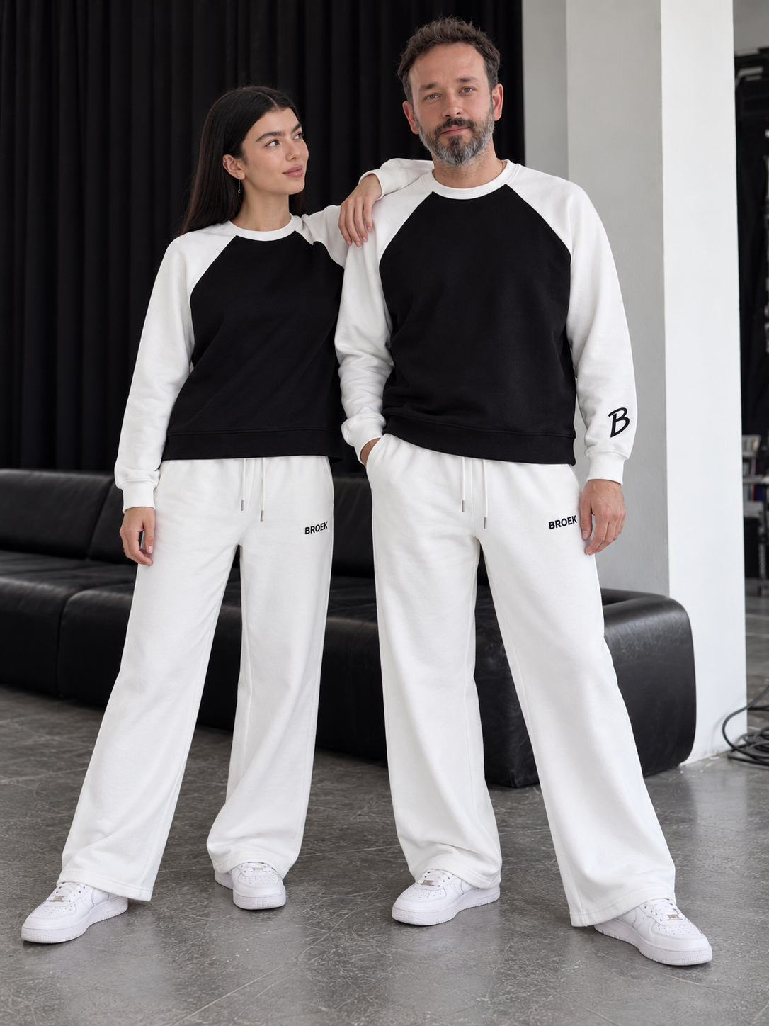 Two-Tone Boxy Sweatsuit – Black & White / Off-White — full outfit on male and female models.