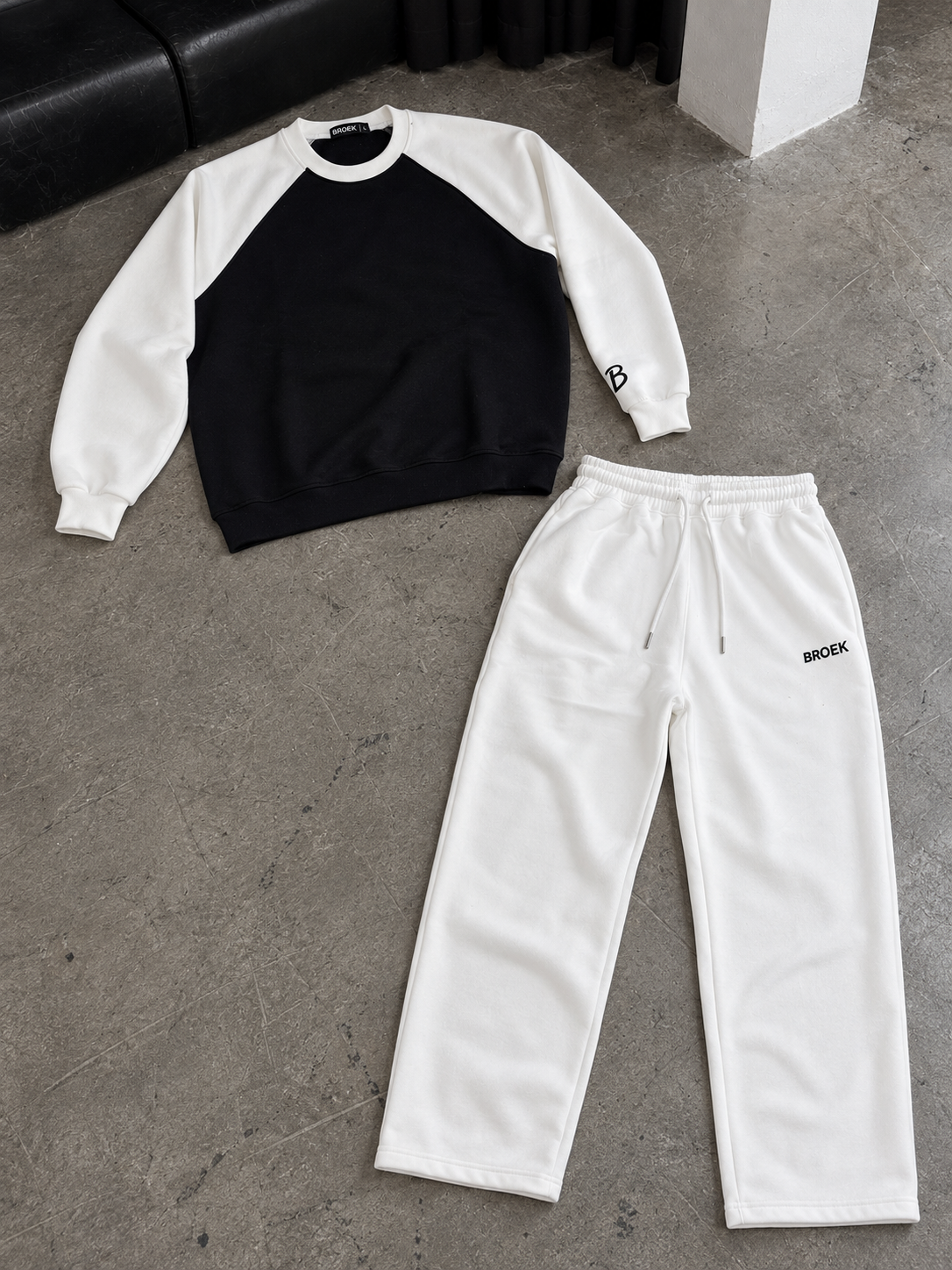 Two-Tone Boxy Sweatsuit – Black & White / Off-White — complete outfit flat lay.