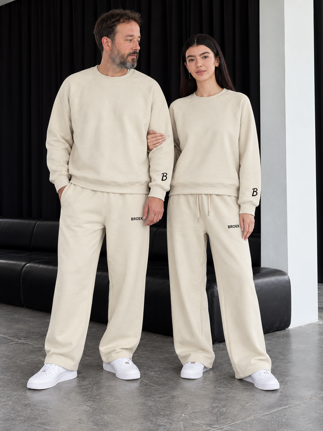 Boxy Sweatsuit – Beige — full outfit on male and female models.