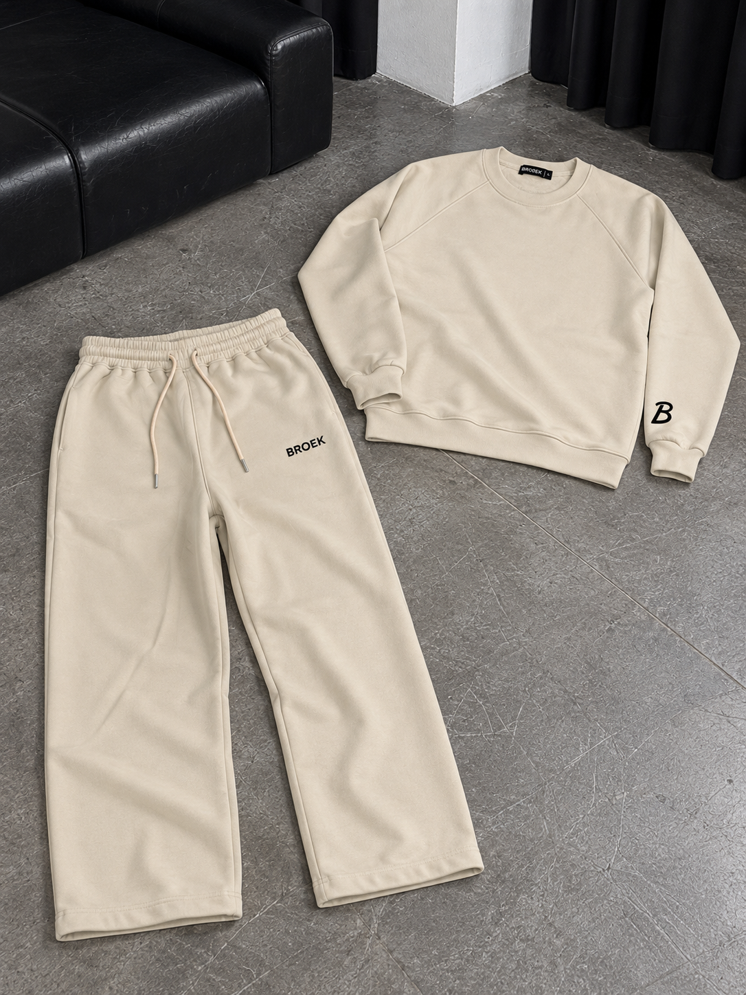 Boxy Sweatsuit – Beige — complete outfit flat lay.