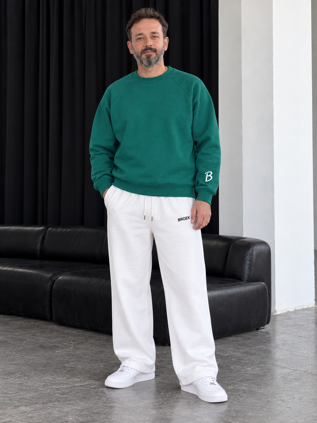 Boxy Sweatsuit – Green / Off-White — full outfit, front view on male model.