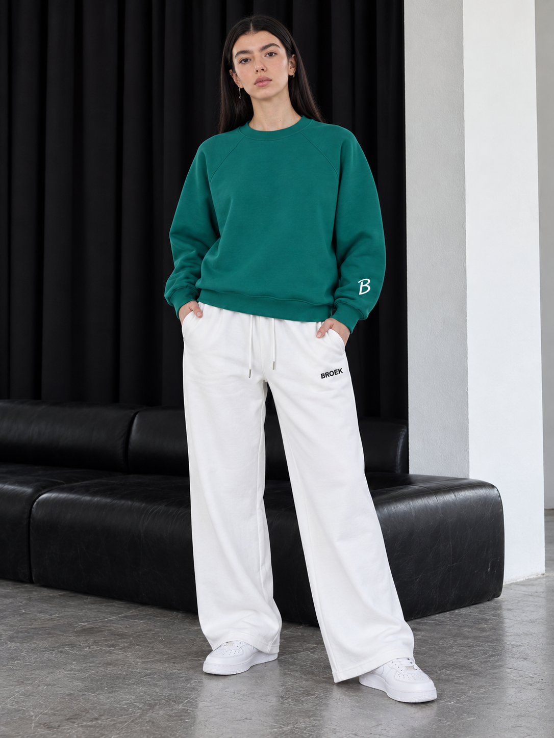 Boxy Sweatsuit – Green / Off-White — full outfit, front view on female model.