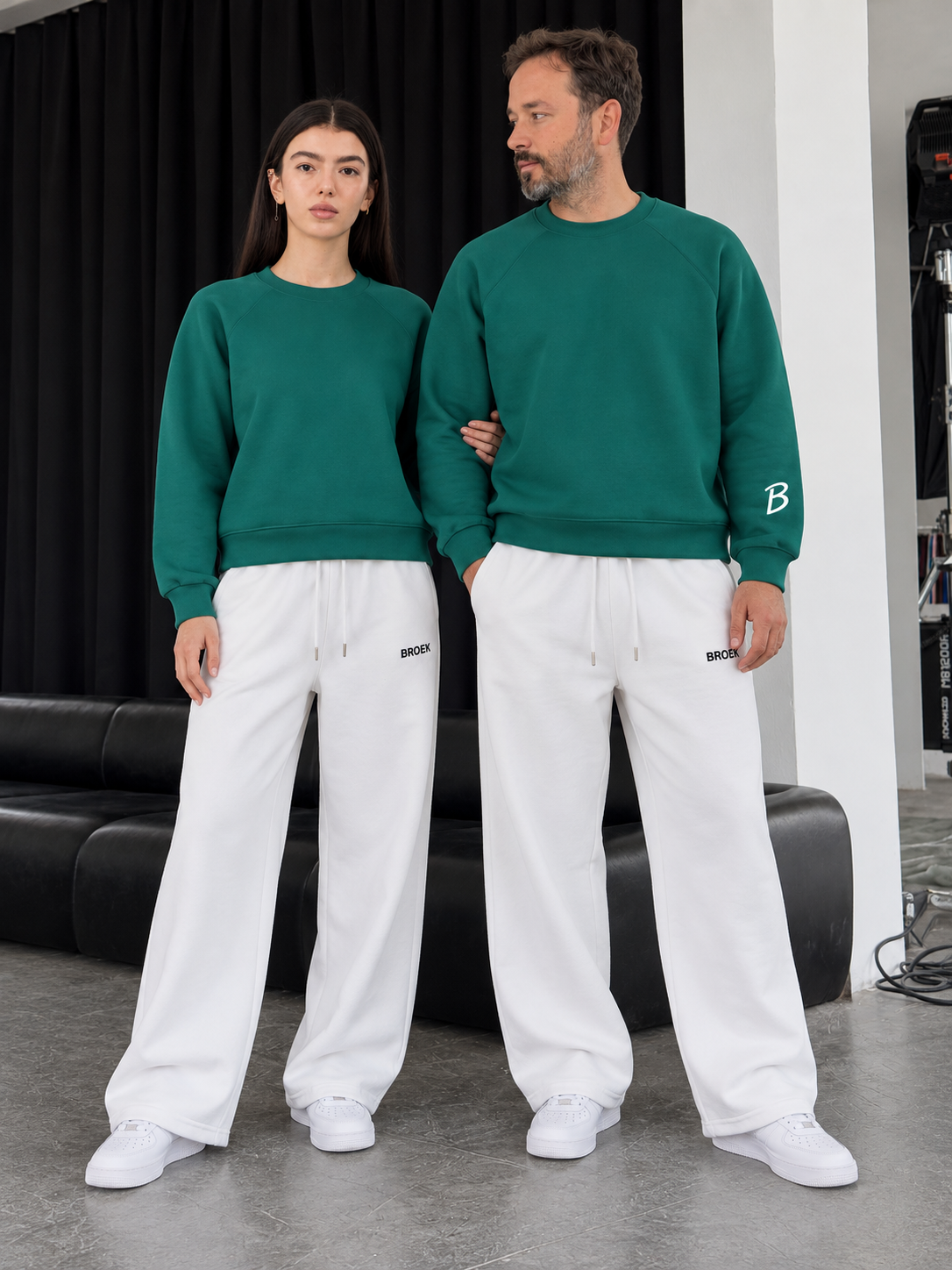 Boxy Sweatsuit – Green / Off-White — full outfit on male and female models.