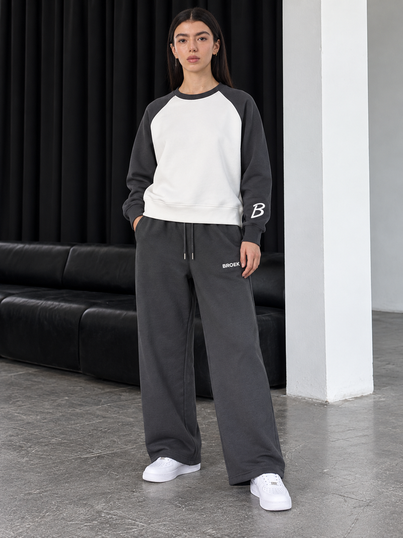 Two-Tone Boxy Sweatsuit – White & Charcoal / Smoked Grey