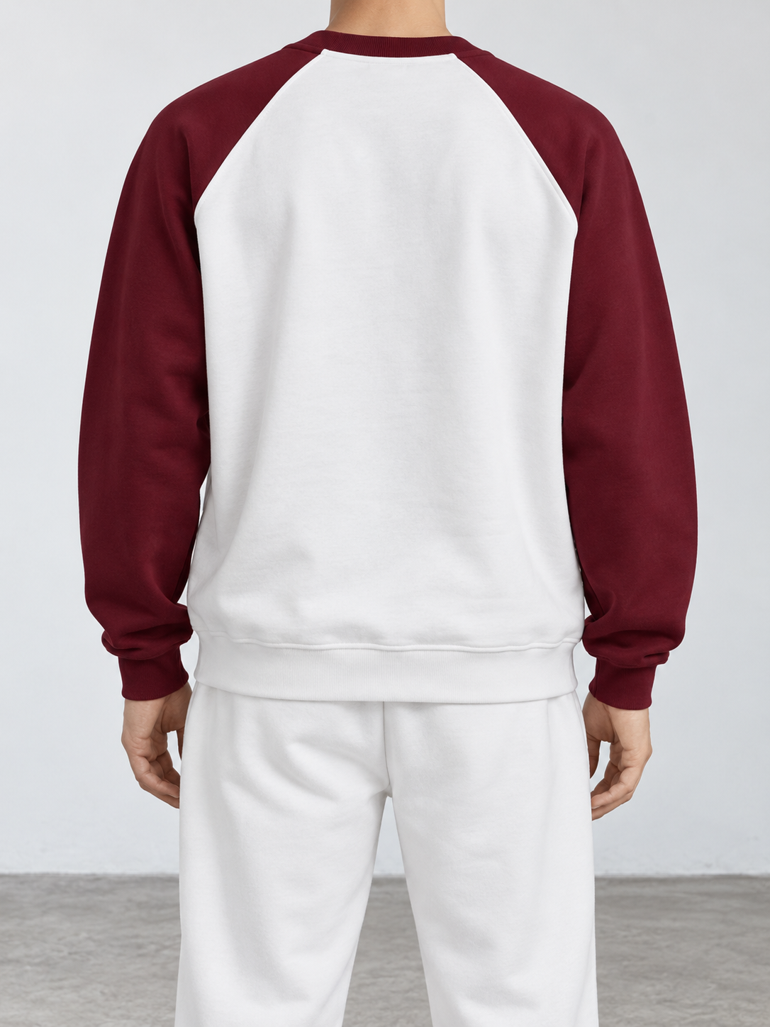 BROEK Colorblock Raglan Crewneck – White / Burgundy — كادر خلفي — السويتشيرت