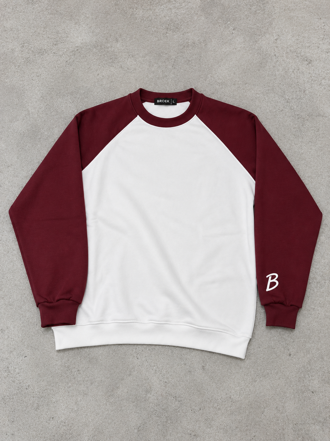 BROEK Colorblock Raglan Crewneck – White / Burgundy — القطعة كاملة — أمامي مسطّح