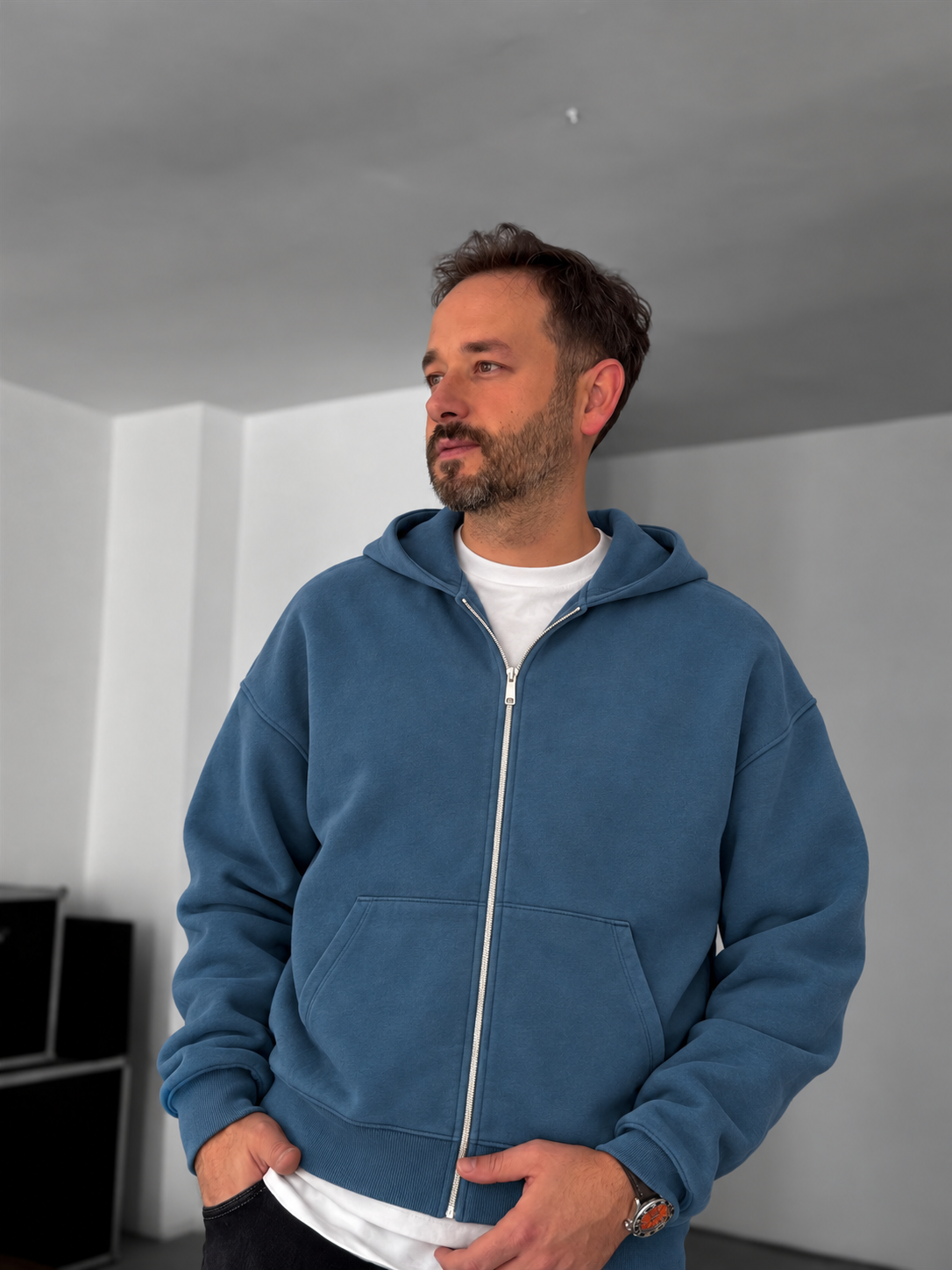 BROEK Petrol Blue Zip-Up Hoodie upper body view showing the hood and zipper
