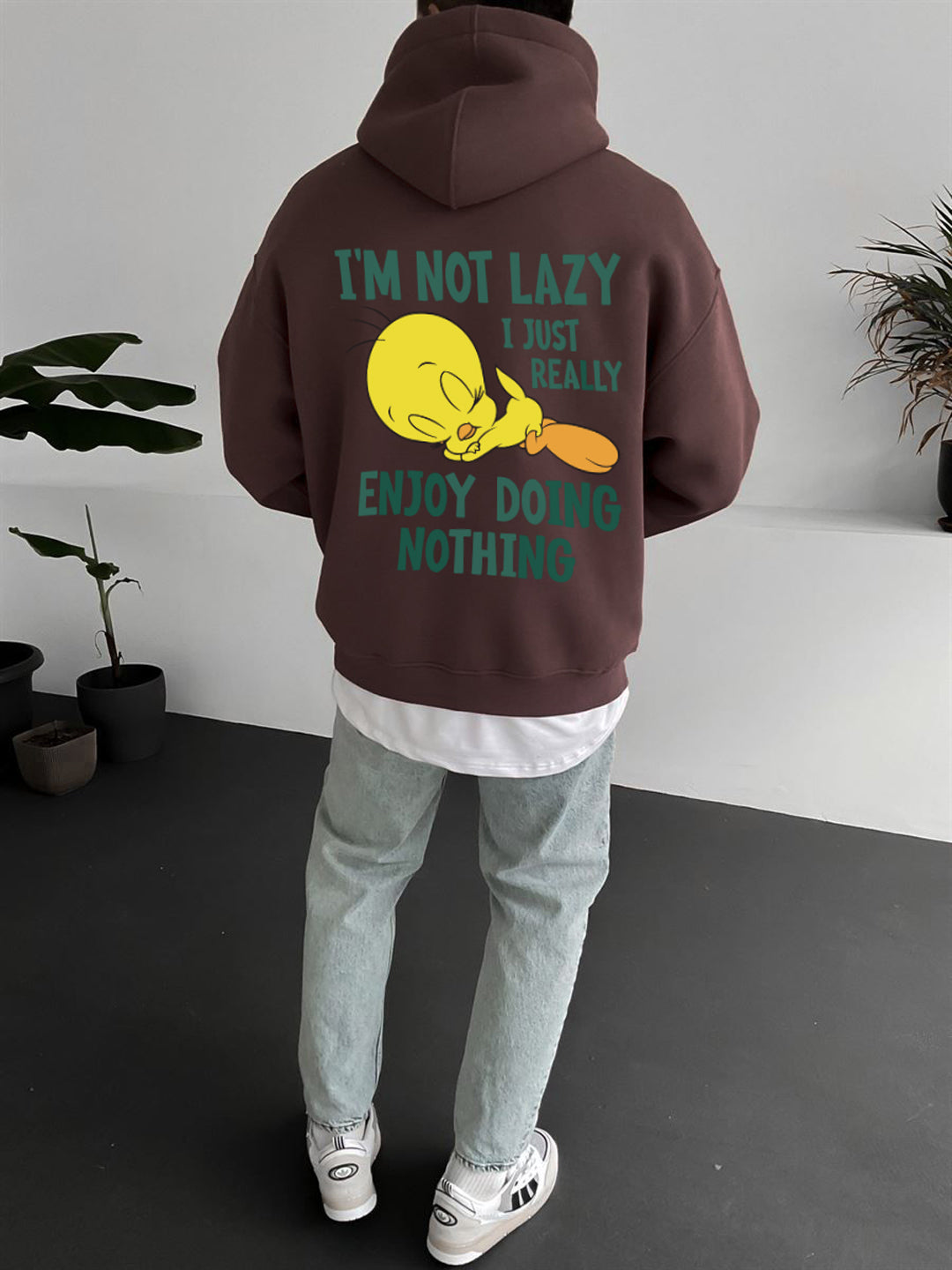 Brown "i'm-not-lazy" Printed Oversize Hoodie