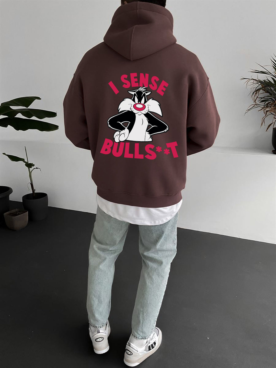 Brown "i-sense-bullshit" Printed Oversize Hoodie