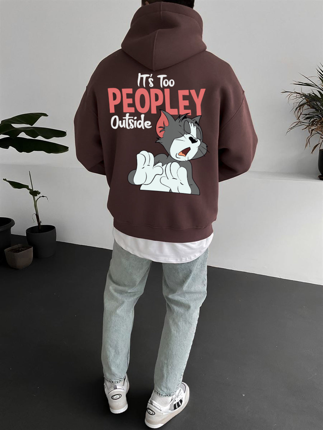 Brown "it's-too-peoply-outside" Printed Oversize Hoodie