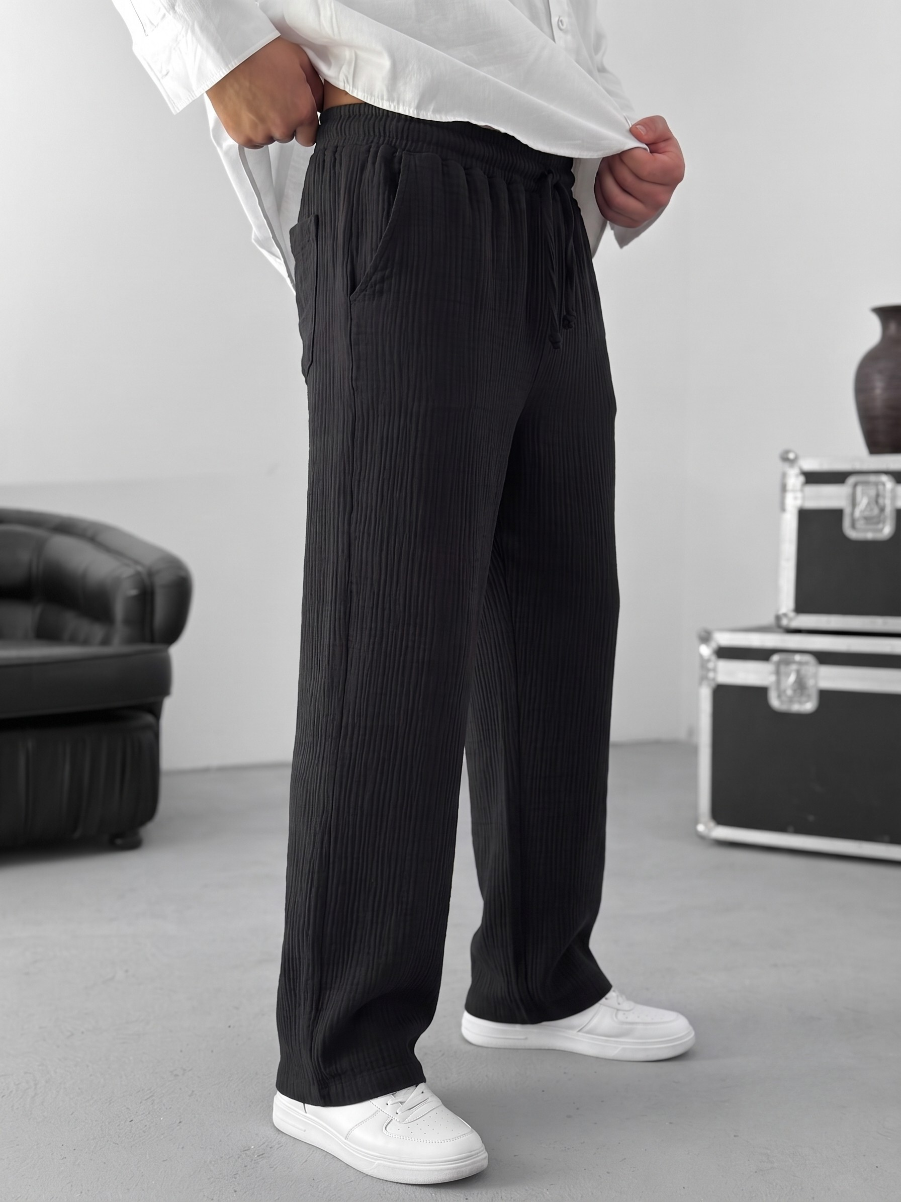 Muslin Wide-Leg Trousers — Black