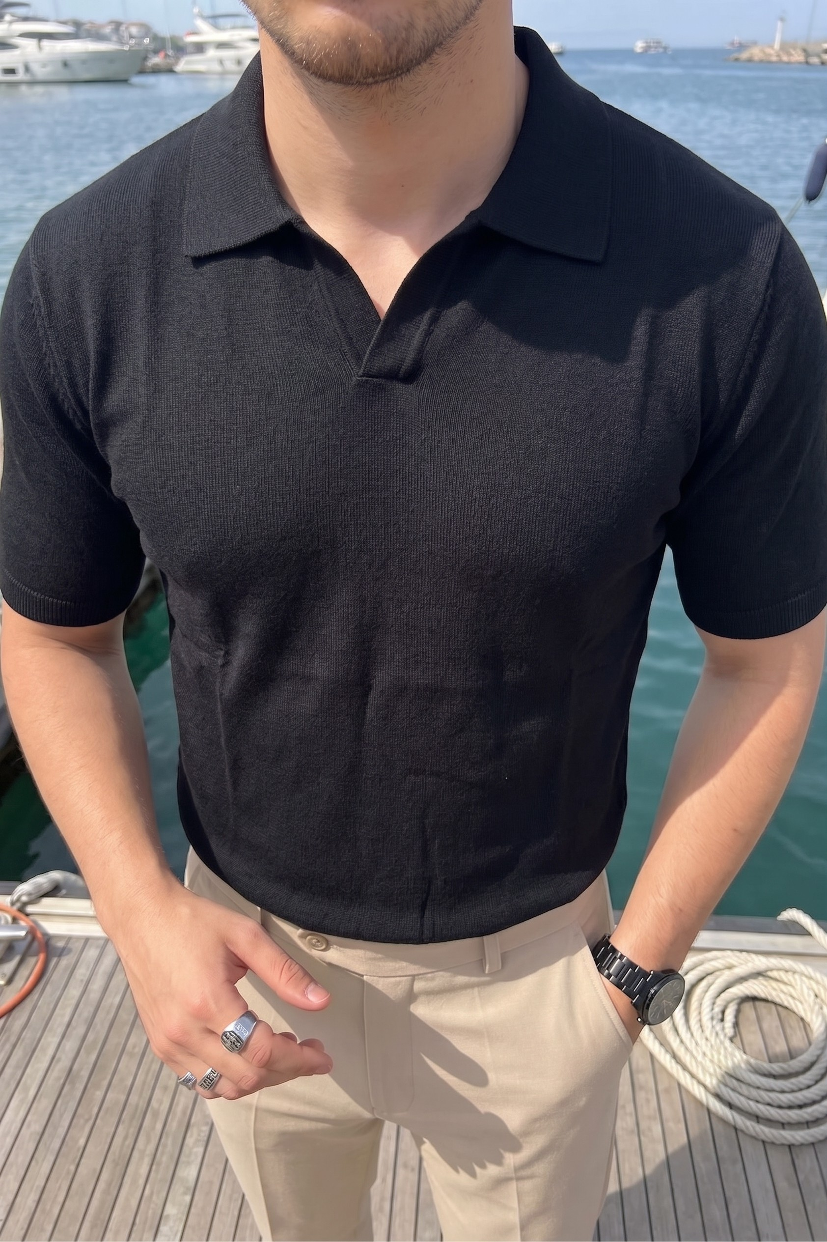 Knitted Polo T-Shirt – Black