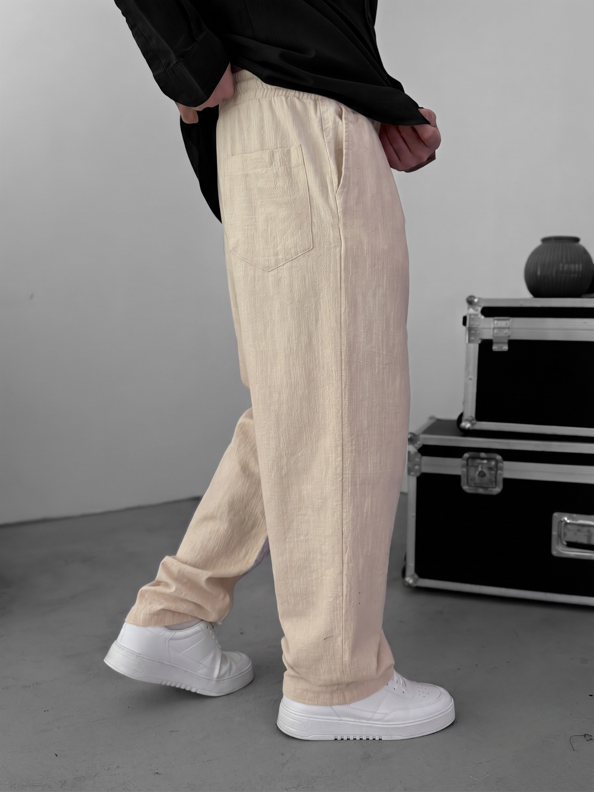 Muslin Wide-Leg Trousers — Beige