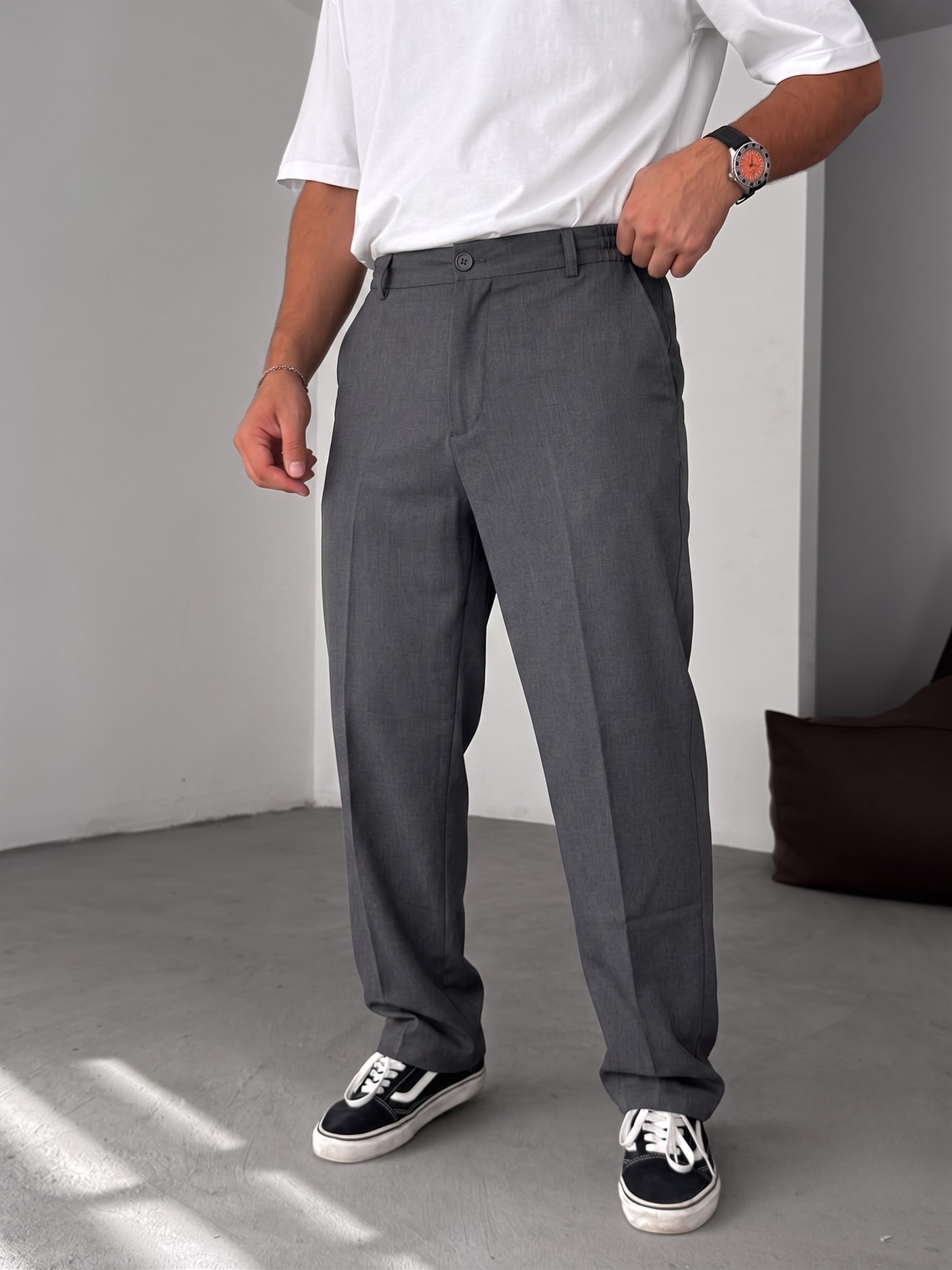 Wide Leg Chino Trousers - Dark Grey