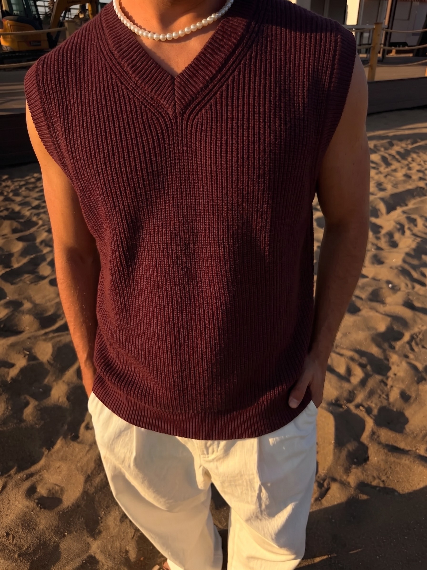 Burgundy Sleeveless Knit Vest – V-Neck
